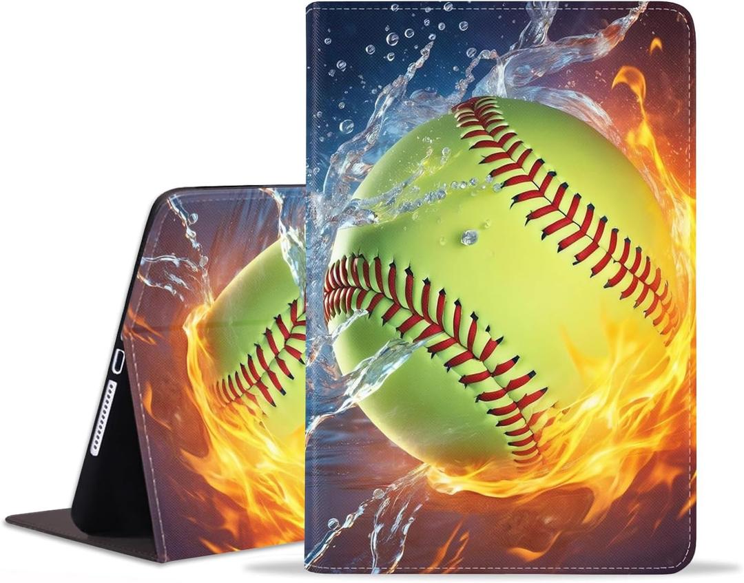 Case for iPad (A16) 11th Generation 11 Inch 2025, iPad 10th Generation 10.9 Inch 2022, Premium PU Leather Stand Folio Cover with Auto Sleep/Wake, Burning Softball Fire and Water