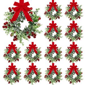 12 Pieces 9" Mini Christmas Wreaths for Kitchen Cabinet Small Christmas Candle Rings Eucalyptus Wreath Pillar Candle Rings Table Centerpieces Hanging Garlands for Front Door Window Decor (Red Berry)