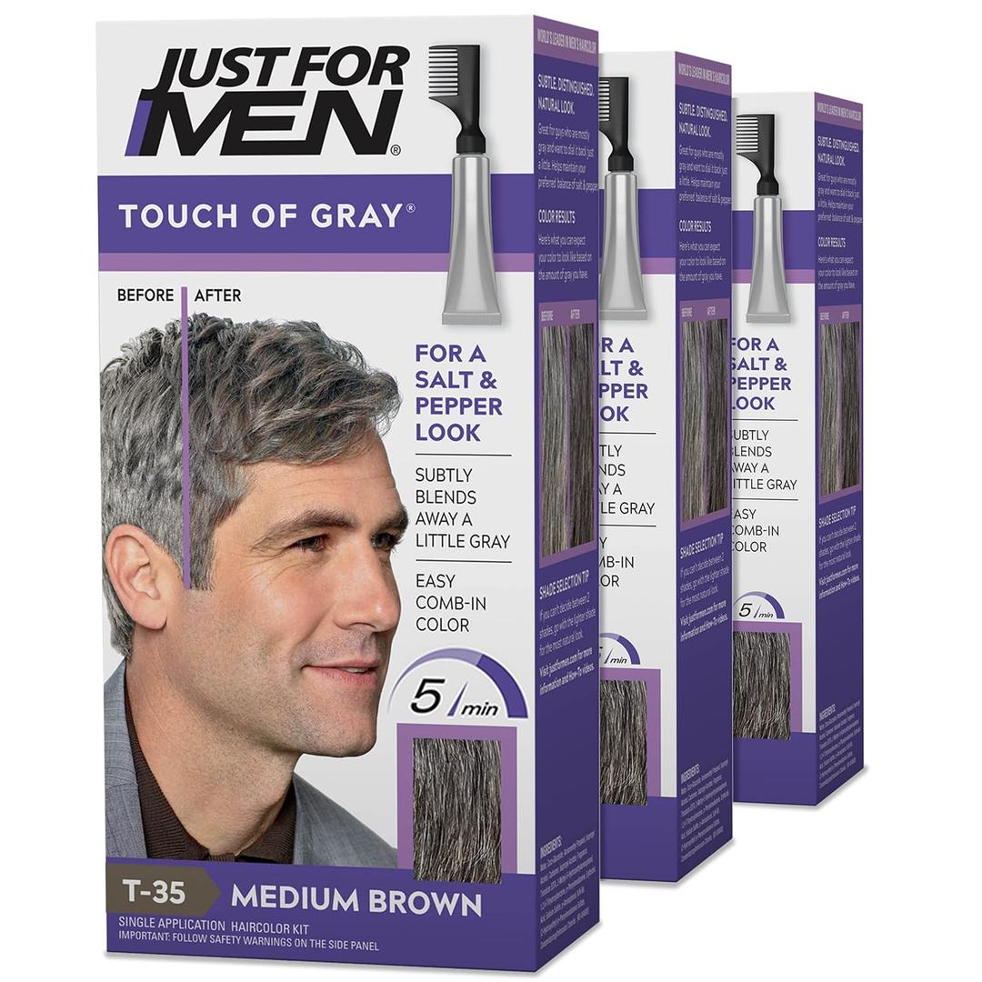 Just For Men Touch of Gray, Mens Hair Color Kit with Comb Applicator for Easy Application, Great for a Salt and Pepper Look - Medium Brown, T-35, Pack of 1