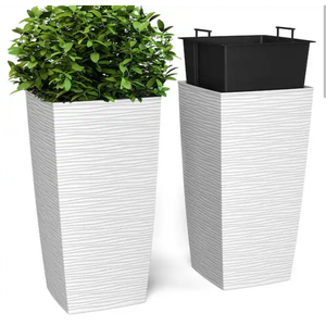 Janska EverGreen White, M-Resin, Indoor/Outdoor Planter with Built-In Drainage, 2-Piece Duo Set, Large, 3.4 Gallon, 11"x11"x23"