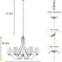 Brushed Nickel Farmhouse Chandelier Rustic Kitchen Island Lights with Milk White Frosted Glass Lampshade Height Adjustable 47.2" Ceiling Hanging Light Fixture for Dinging Room Living Room Over Table