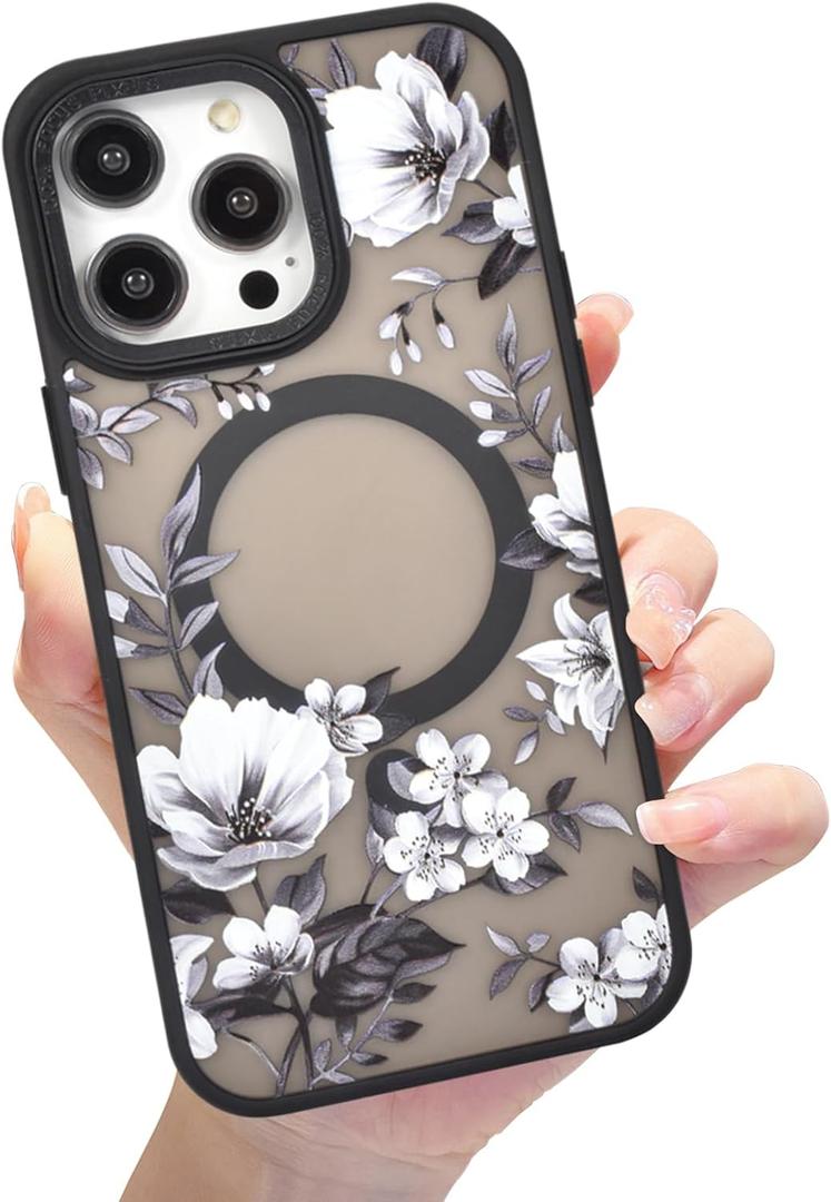 Compatible with iPhone 13 Pro Max Magnetic Matte Translucent Case,Luxury Shockproof Magnetic,Cute Flower Pattern Hard Back Cover iPhone 13 Pro Max Case for Women Girls-Black Floral