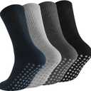 Non Slip Grip Socks for Men Women Crew Grippy Socks for Hospital Pilates Yoga,Gifts for Seniors Elderly (Large, 4 Pairs Grip Socksblack+Grey+Dark Gray+Navy Blue)