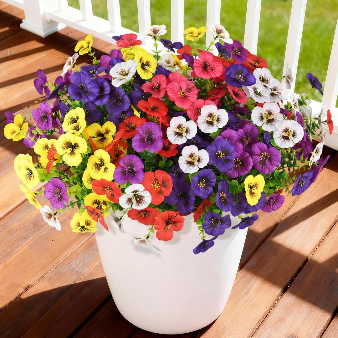 INQCMY Artificial Fake Pansy Flowers for Outdoor, 12 Pcs Faux Silk Pansies Spring Summer Flowers for Outside for Planter Pot Porch Yard Patio Front Door Window Box Home Decor