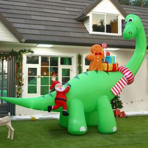 12FT Christmas Inflatable Large Dinosaur Outdoor Decorations with LED Lights, Gingerbread & Santa, Lighted Blow Up for Lawn, Yard, Garden, Indoor Xmas Holiday Party Decor, 12 FT