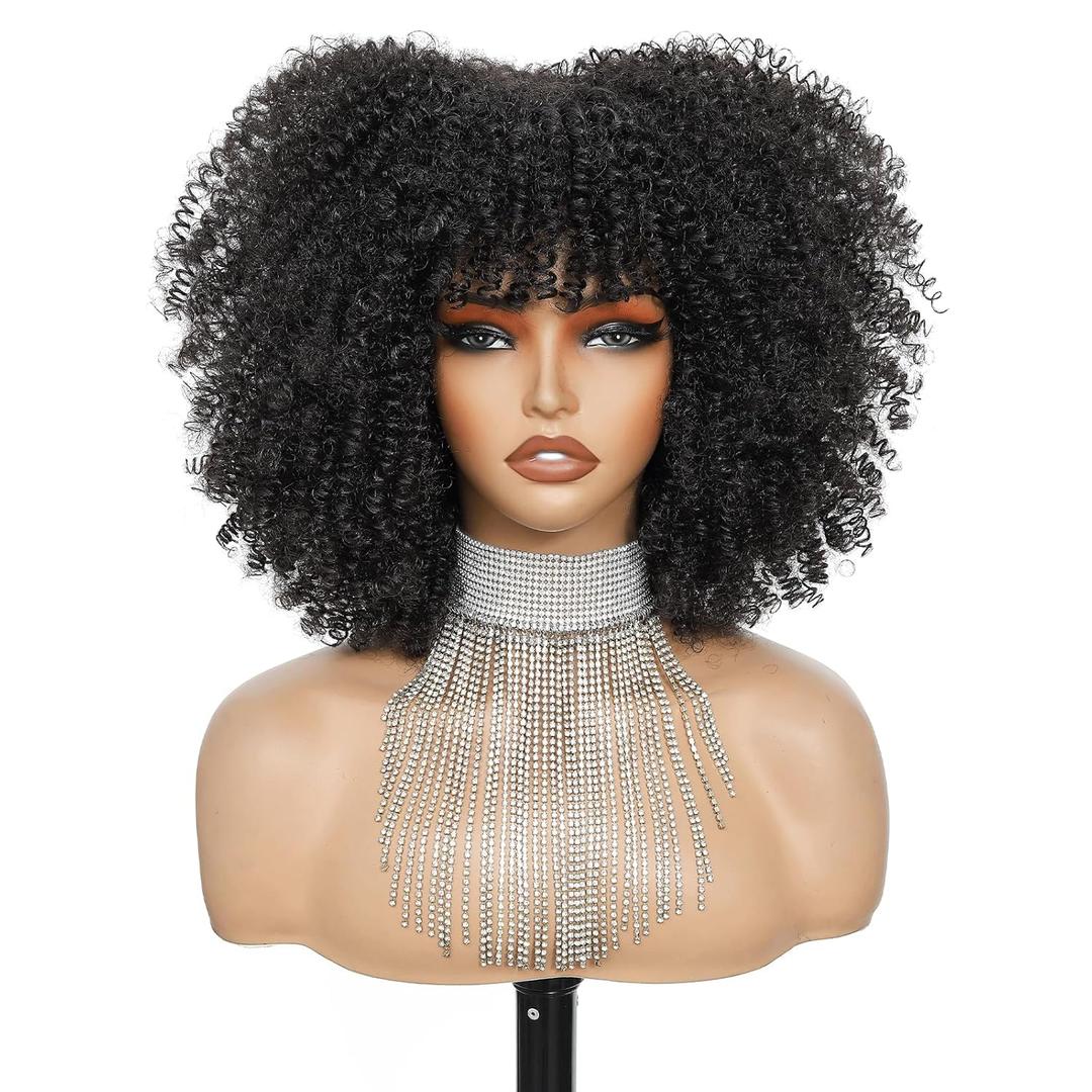 Afro Bomb Curly Wig with Bangs, Synthetic Fiber Glueless 11 Inch Bob Kinky Curly Bangs Wig, Fluffy Curly Hair Wigs for Black Women Ready to Go Wig Dark Brown