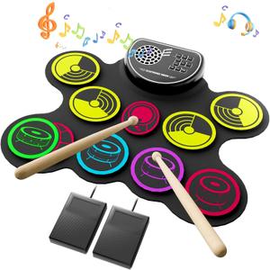 Electronic Drum Set, 10 Pads Roll-up Drum Practice Pad with Drum Pedals & Sticks, Built-in Speaker with Headphone Jack, Great Christmas & Birthday Gift for Kids (multi-colored)