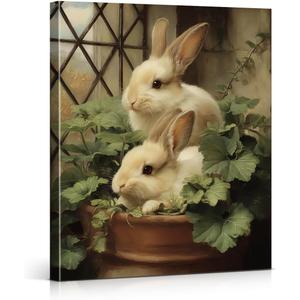 Botanical Bunny Easter Wall Art Print Cottagecore Rabbits Canvas Painting Picture Spring Easter Wall Decor for Home Farmhouse 8x10 Inch Framed