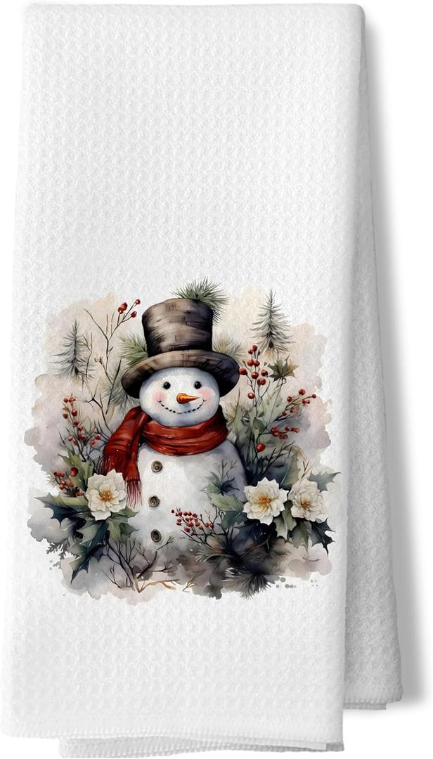 Vintage Christmas Snowman Kitchen Towels, Rustic Winter Botanical Snowman Dish Towels for Kitchen, Farmhouse Christmas Decorative Hand Towels for Bathroom Kitchen,16x24In
