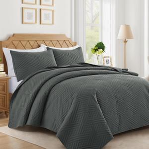 Lavsiry Dark Grey Quilt King Size with Striped Pattern, Lightweight Soft Summer Thin Microfiber Bedspread & Coverlet Bedding Set for All Seasons - 3 Piece(1 Quilt, 2 Pillow Shams)