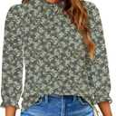 SimpleFun Womens Blouses 3/4 Sleeve Ruffle Neck Printed Business Casual Tops Flowy Dressy Work Shirts (Green, M)