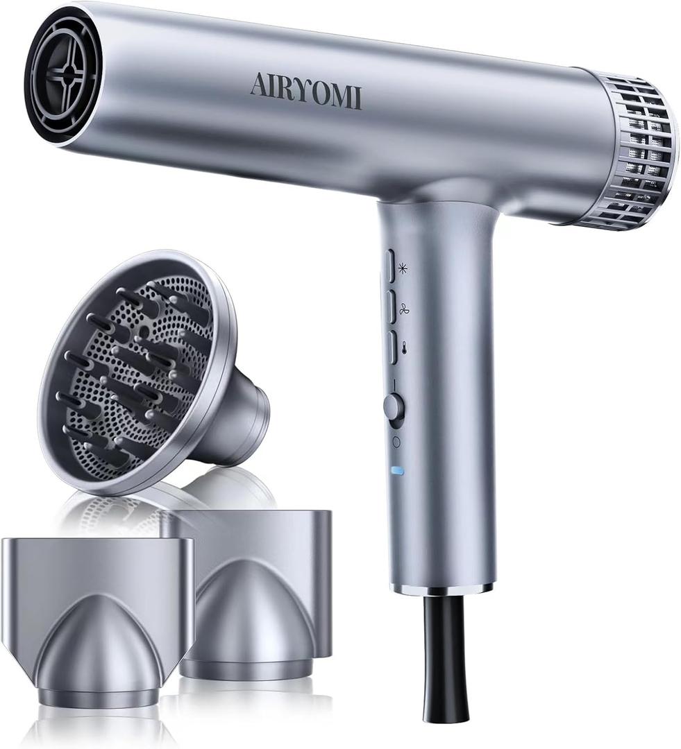 Hair Dryer, Professional Brushless Motor Ionic Hair Blow Dryer with Diffuser, Magnetic Nozzles, 0.83Pound, 2000W, 60dB, 3 Heat Settings & 3 Speed & Cold Settings (Silvery)