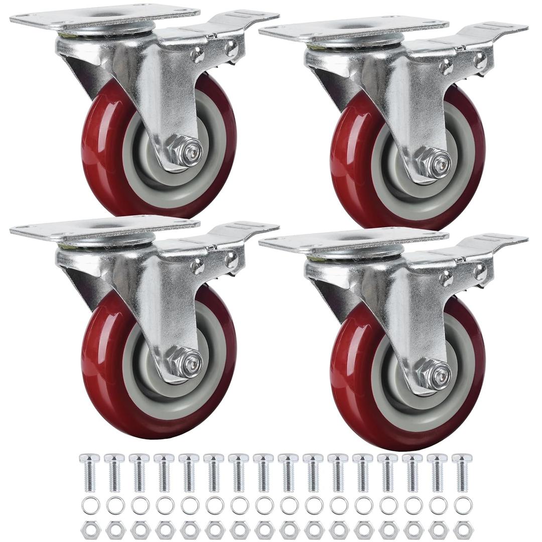 Finnhomy 4 Inch Caster Wheels Set of 4 with Brake Heavy Duty Plate Swivel Casters Premium Polyurethane Wheels PU Load Bearing 2,600 Lbs Lockable Anti-wear Smooth Casters Red (Free Screws)