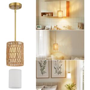 6" Gold Rattan Pendant Light, Boho Hanging Lamp with Adjustable Height, 2-in-1 Rattan & Glass Shade, Farmhouse Chandelier, Easy Installation, Ideal for Kitchen Island, Living Room, Bedroom