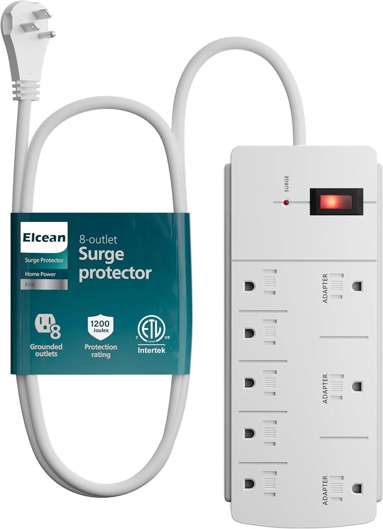 Elecan Surge Protector Power Strip with 8 Ft Extension Cord, 8 Widely Spaced Outlets with Safety Cover, 45 Degree Flat Plug Wall Mountable Multi Outlet Extender, Heavy Duty 14AWG, 1200J/125V,ETL-White
