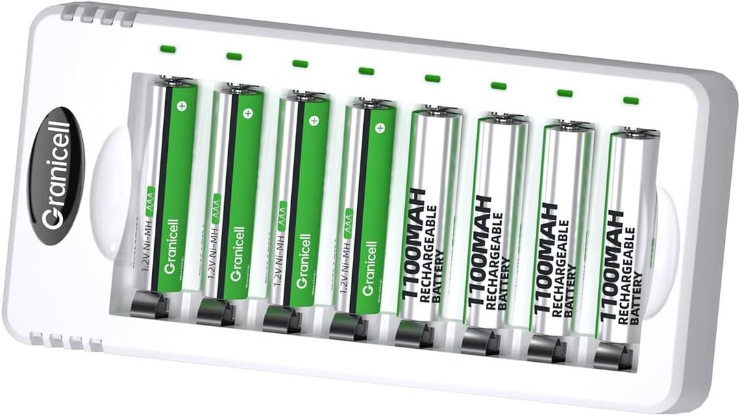 Granicell Rechargeable AAA Batteries with Charger,8 Pack 1100mAh Low Self Discharge Triple A Batteries with 8 Bay AA AAA Smart Battery Charger for Ni-MH Ni-CD,Independent Slot