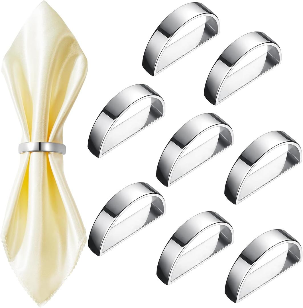 Stainless Steel Napkin Rings Metal Napkin Ring Holders Modern Ring Holder Serviette Buckles Metallic Adornment for Table Settings Kitchen Dinner Party Wedding (Bright Silver Semicircle, 8 Pcs)