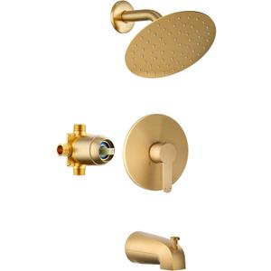 Tub Shower Faucet, Brushed Gold Shower Faucet Set with 8-Inch All-Metal Rainfall Showerhead and Bathtub Spout, Single-Handle Tub Shower-Trim Kit Included Valve, Brushed Gold