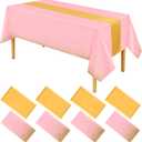 8 Pack Pink and Gold Plastic Tablecloths and Table Runner Set, Pink Gold Disposable Tablecloth Waterproof Wrinkle-Resistant Satin Table Runner for Wedding Birthday Graduation Bridal Shower Holidays
