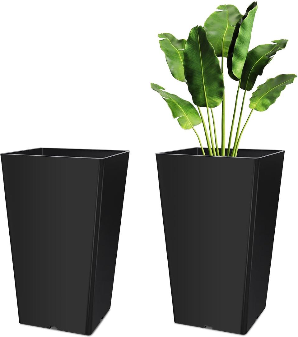 Briwooody Set of 2 15.75 Inch Large Taper Planters Outdoor Indoor Tall Resin Flower Pots with Drainage Holes Modern for Front Door Patio Backyard Plants(Black), 16 Inch