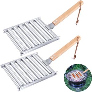 2Pcs Hot Dog Roller for Grill, Stainless Steel Sausage Roller Rack with Extra Long Wood Handle, BBQ Hot Dog Griller for Evenly Cooked Hot Dogs, 10 Hot Dog Capacity, 6.5 x 5.5 Inch