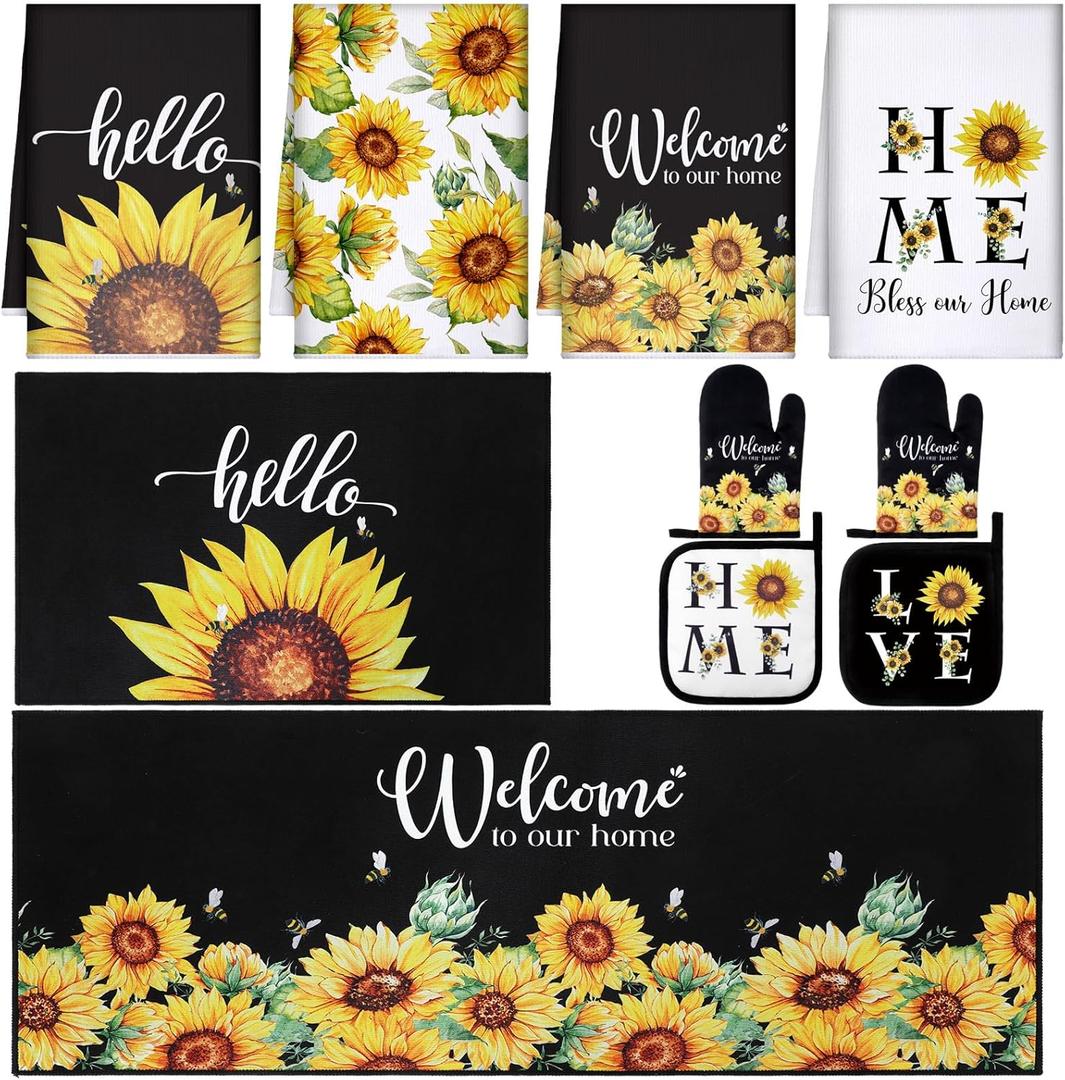 Fourluoo 10 Pcs Sunflower Kitchen Dish Towels Rugs Oven Mitts and Pot Holders Set Farmhouse Kitchen Decor Set for Women Mom Daughter Gift Cooking Baking Grilling (Bright Black Yellow)