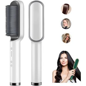 2023 New Negative Ion Hair Straightener Styling Comb with 5 Temp, 2 in 1 Brush and Curler, Portable Electric Straightening Heated 10s Fast Heating Anti-Scald (White) 1.0 Count