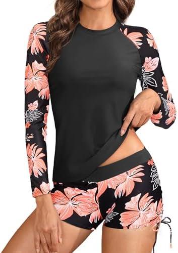 Aqua Eve Women Two Piece Rash Guard Long Sleeve Swimsuit Swim Shirt with Shorts Modest Bathing Suit UPF 50+, Medium