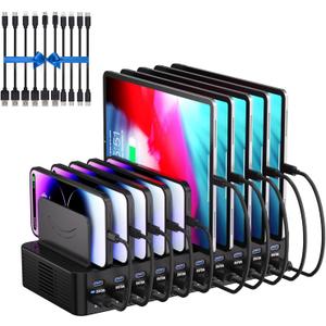 270W Charging Station for Multiple Devices, 20-Port USB Fast Charging Station with Adjustable Dividers & 10 Cables, Multi Device Organizer Charging Dock for iPhone, iPad, Tablets & More(Black)