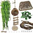 5 PCS Coconut Hut for Gecko, Lizard Coco Den with Ladder and Reptile Hammock Bearded Dragon Tank Accessories Climbing Hanging Plants Jungle Vine Flexible Reptile Leaves Decor