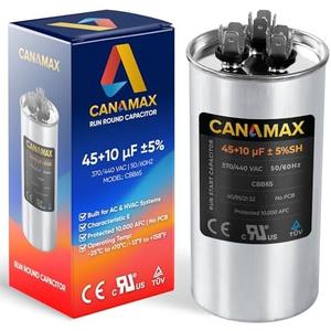 [Upgraded 2025] Canamax 45+10 uf ± 5% MFD 370 Or 440V Round Run Capacitor - Compatible with Air Conditioner 50/60Hz for AC Motor Run or Fan Start and Cool or Heat Pump Air Conditioner