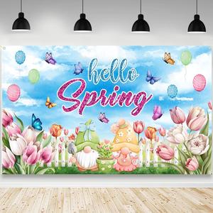 Hello Spring Backdrop Butterfly Flowers Balloon Photography Background Easter Spring Party Decorations Banner Photo Props 70.8 x 43.3 inch