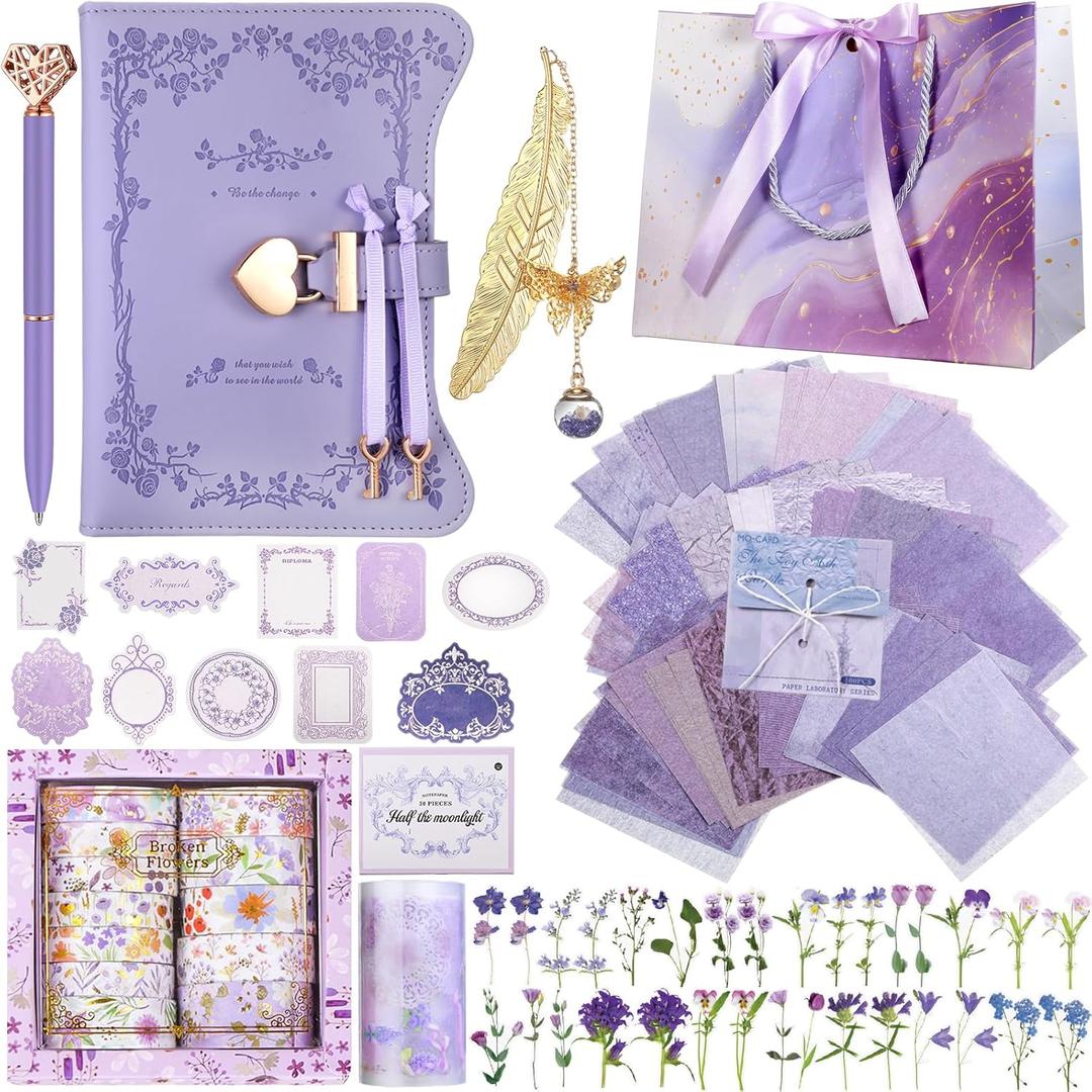 Janlaugh DIY Journal Diary with Lock Set Scrapbook Kit Stationary Diary Supplies Art Crafts Kit for Birthday Holidays Ideal Gifts for Women Teen Girls(Purple,Bright)