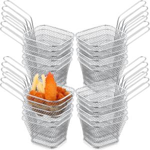 24 Pcs Mini Square Fry Basket Stainless Steel French Fries Holder Deep Fryer Baskets Square Mesh Food Holder with Handle Table Serving Chips Baskets for Kitchen Restaurant Barbecue (Sliver)