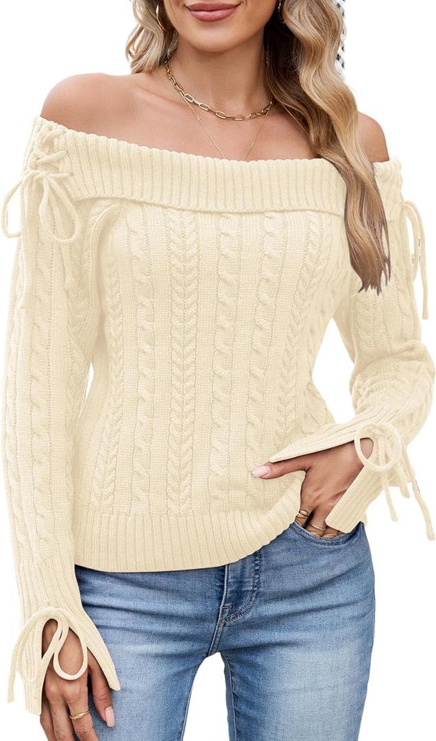 ZAFUL Women Off Shoulder Sweaters Long Sleeve Cable Knit Slim Fit Ribbed Knit Tops Pullover Sweaters (Large)