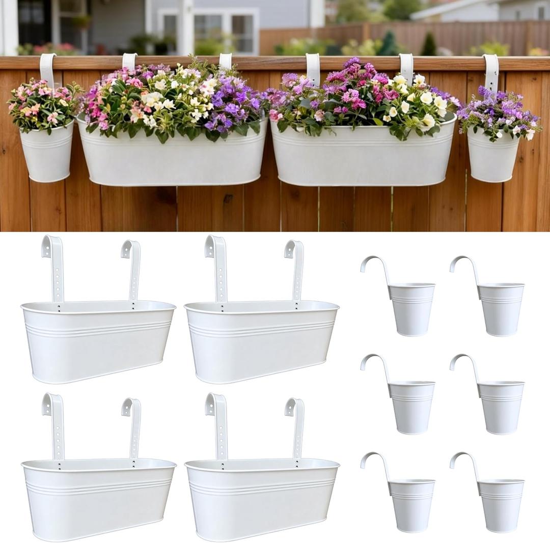 LaLaGreen 17 Inch Rail Planter (10-PIECE Combo Set) Large White Metal Hanging Rail Fence Flower Pots, Modern Railing Planters for Outdoor Plants Garden Style Iron Patio Planters Balcony Porch Decor
