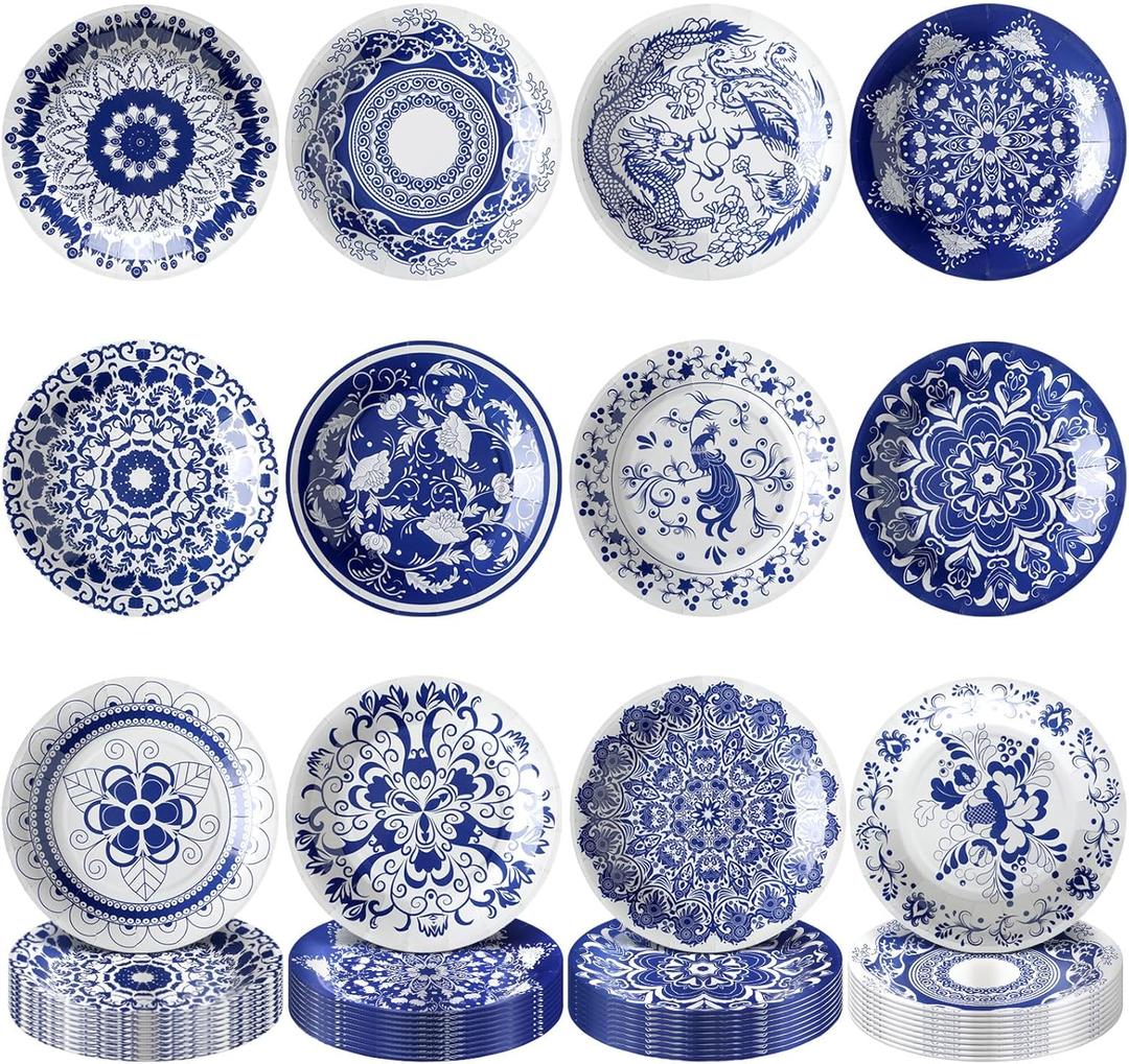 Nitial 120 Pcs Blue and White Flower Paper Plates Disposable Blue and White Decorative Dinner Plates Chinoiserie Dessert tableware for Wedding Birthday Tea(Round)
