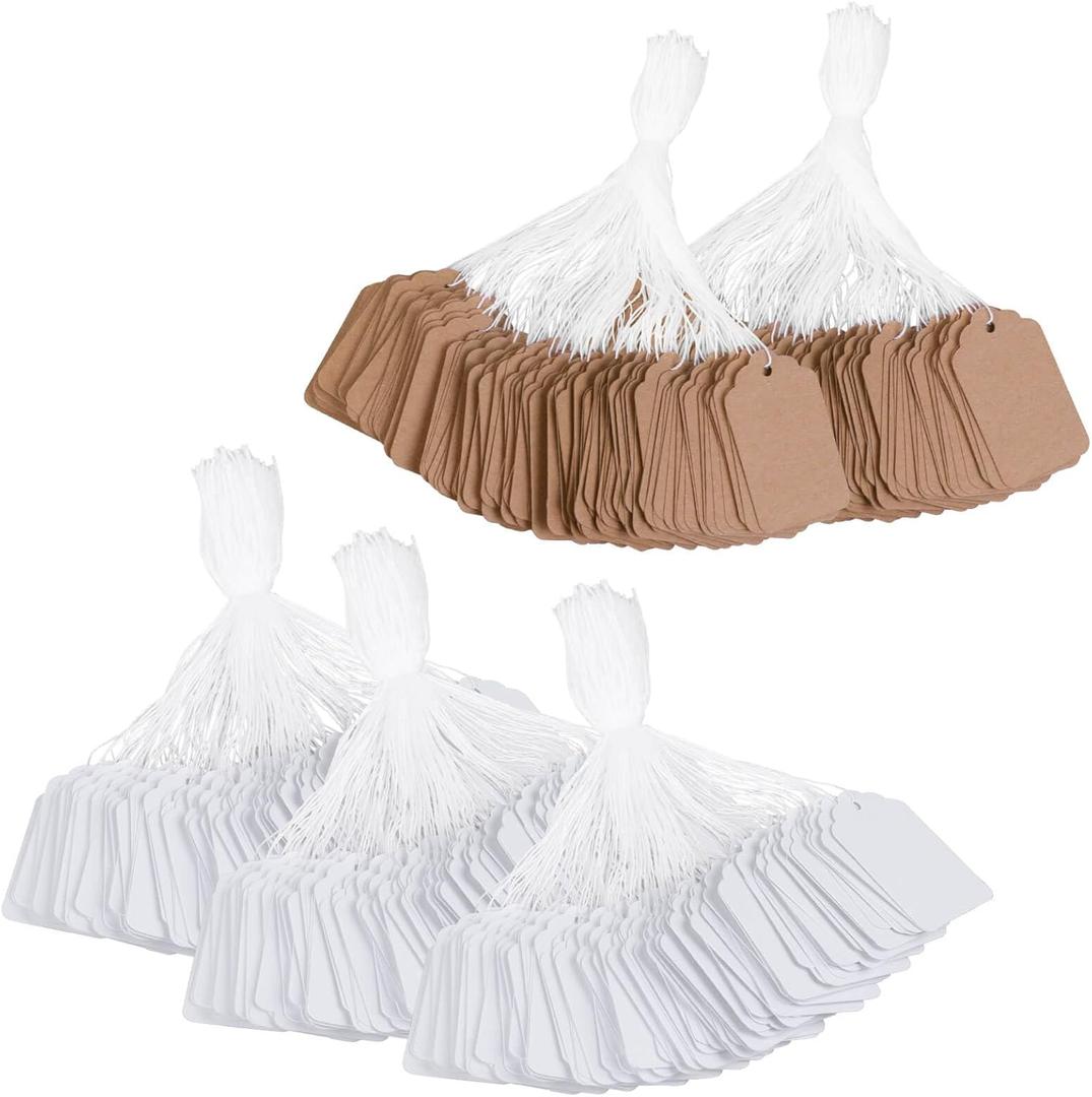 500PCS Price Tags with String, White Strung Marking Tag, Brown Paper String Tags for Pricing, Paper Hang Tags for Jewelry, Clothing, Key, Gift Merchandise 1.75 x 1.1 Inch