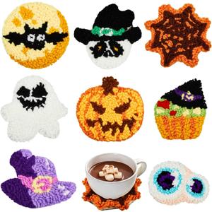 Preboun 8 Pcs Halloween Punch Needle Coaster Kit, Easy DIY Embroidery Halloween Punch Needle Kit for Beginners Adults, Includes Adhesive Felt, Yarns Hoop Tools Instruction