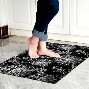 1/10 Inch Ultra Thin 24"35" Large Front Door Mat Indoor Entrance Inside Non Slip, Waterproof Rubber Kitchen Mat and Interior Home Washable Door Mat, Baroque Black