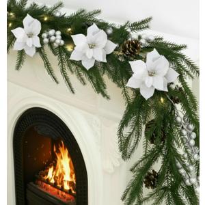 Syhood 2 Pack 6ft Prelit Winter Garlands with Lights, Norfolk Pine Garland with White Poinsettia, Berries Pinecones, Real Touch Cedar Battery Powered Garland for Mantle Fireplace Stairs Table Decor (Silver)