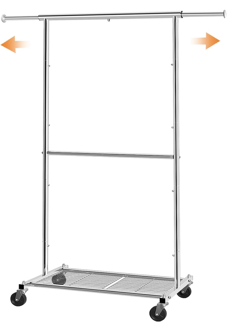 Simple Trending Standard Clothing Garment Rack, Rolling Clothes Organizer with Wheels and Bottom Shelves, Extendable, Chrome