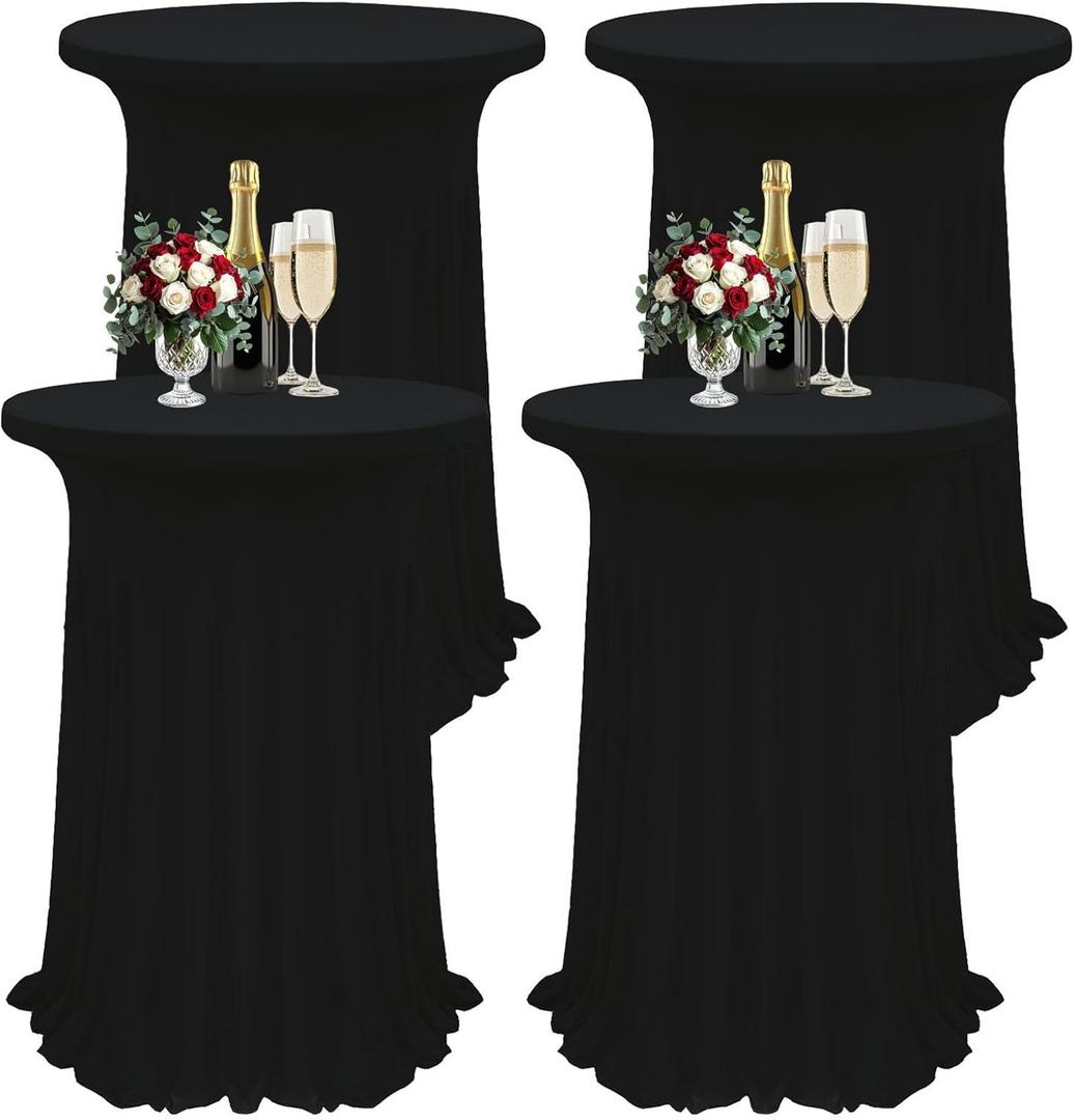 4Pack Black Cocktail Tablecloth 32"x 43" Table Skirt Spandex Stretch Round Cocktail Table Cover with Wavy Drapes Fitted High Top Covers for Wedding Party Banquet