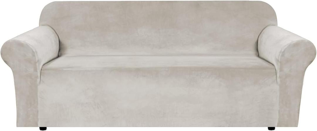 H.VERSAILTEX Stretch Velvet Sofa Covers for 3 Cushion Couch Covers Furniture Protector Soft with Non Slip Elastic Bottom, Crafted from Thick Comfy Rich Velour (Large Sofa 90"-97", Oatmeal)