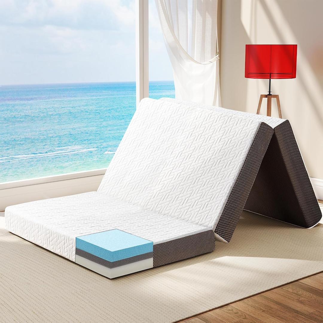 Hanherry 4 Inch Foldable Mattress Queen Size, Tri-Folding Portable Memory Foam Topper Floor Bed with Storage Bag, Washable Cover for Travel, Camping, RV, Guest