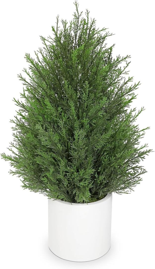 Briful 27'' Artificial Cedar Topiary Trees, 1 Pack Realistic Faux Cypress Outdoor Plants, Fake Front Porch Trees, UV Protection Patio Trees in White Pot for Outside