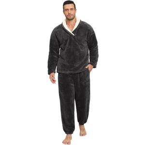 Mens Pajamas Set Long Sleeve Soft Fleece Fluffy Sleepwear Winter Warm Pjs Lounge Sets Flannel Sleepwear with Pockets (Medium, Dark Grey)