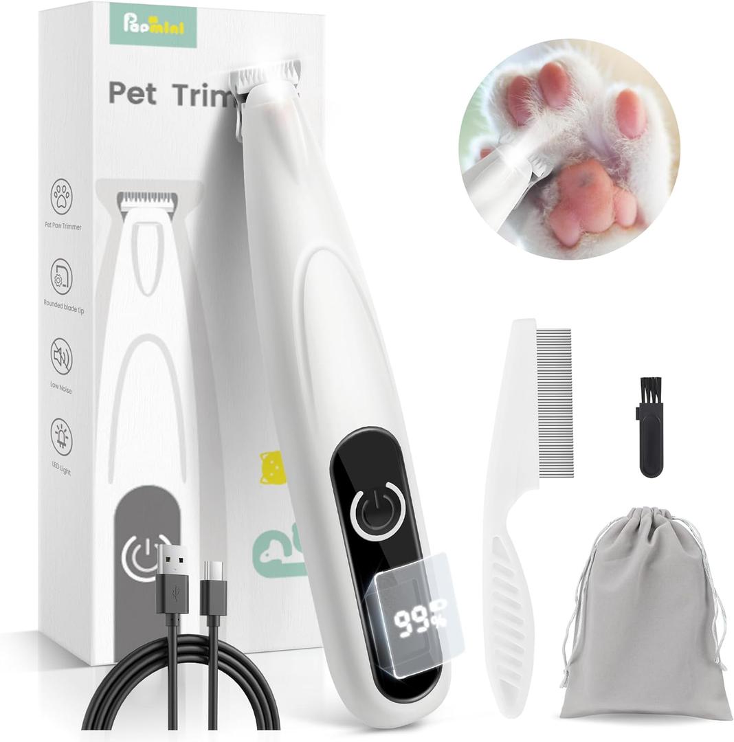 PAPMINI Dog Grooming Kit with LED Display, 35dB Ultra-Low Noise Dog Paw Trimmer, Cordless Hair Trimmer for Paws, Ears, Face, Rump with LED Light (White)