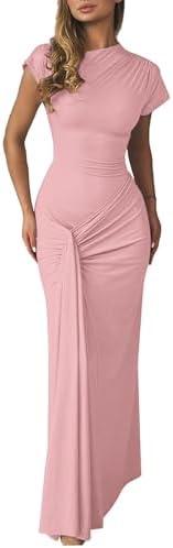 Mojessy Women Bodycon Maxi Dress Sexy Mock Neck Lace Up Bandage Ruched Short Sleeve Long Dress Cocktail Dress XL