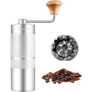 M6 Manual Coffee Grinder,Conical Hexagonal Burr & Double Bearings for Smooth Grinding,Designed for Espresso Pour Over French Press,25g Capacity,Compact & Portable,Gifts for Coffee Lovers (Silver)
